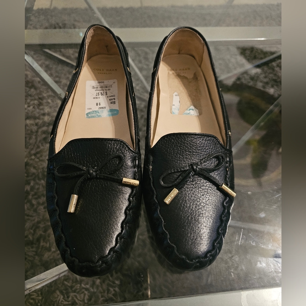 Cole Haan Black Leather Loafers with Metal Accent